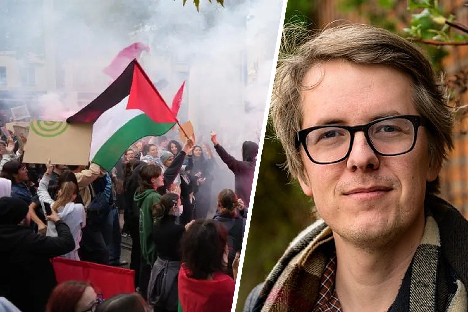 A Palestinian flag in the smoke of a protest, and Maarten Boudry